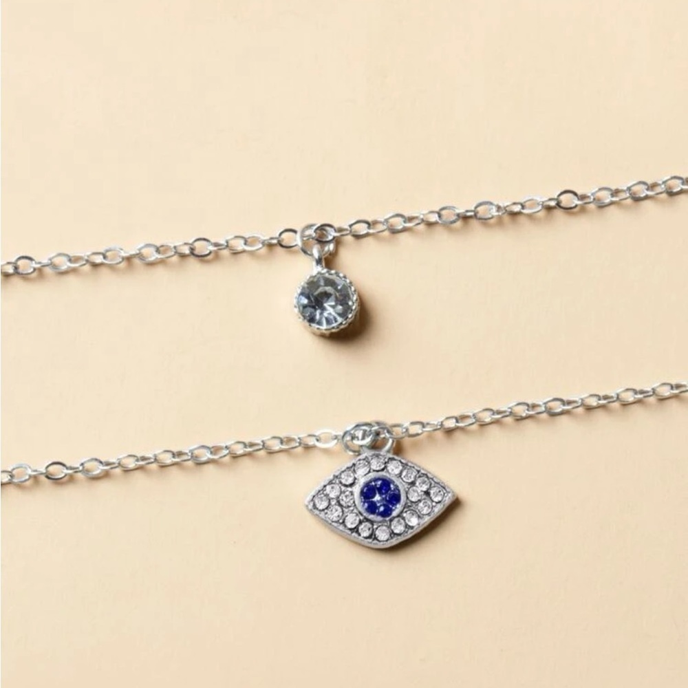 Blue Evil Eye Layered Silver Necklace